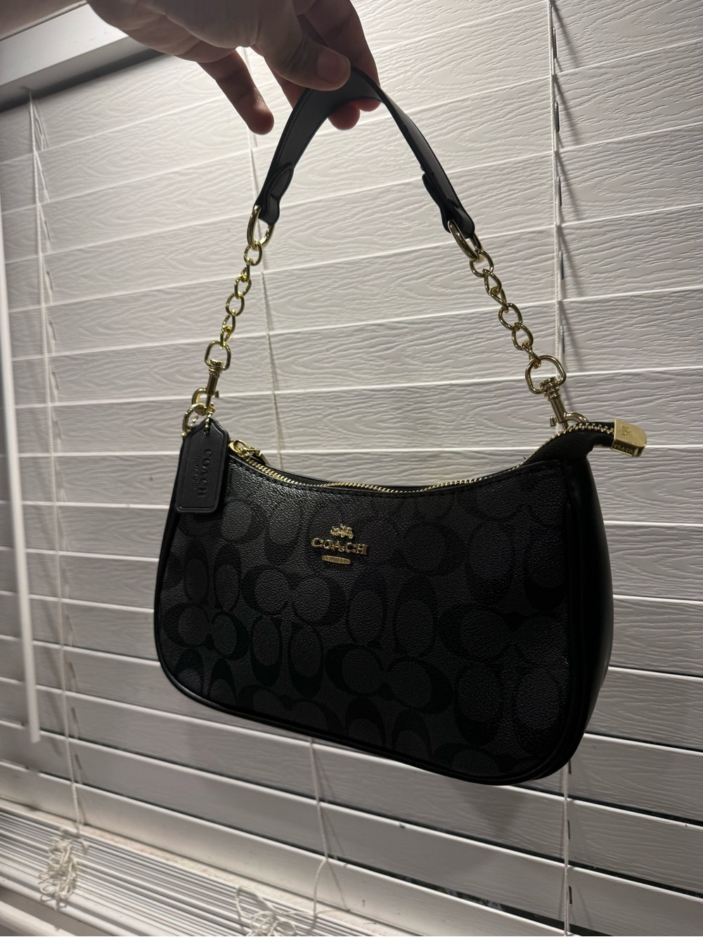 Coach Teri Signature Black Canvas Shoulder Bag with Gold Hardware Accents
